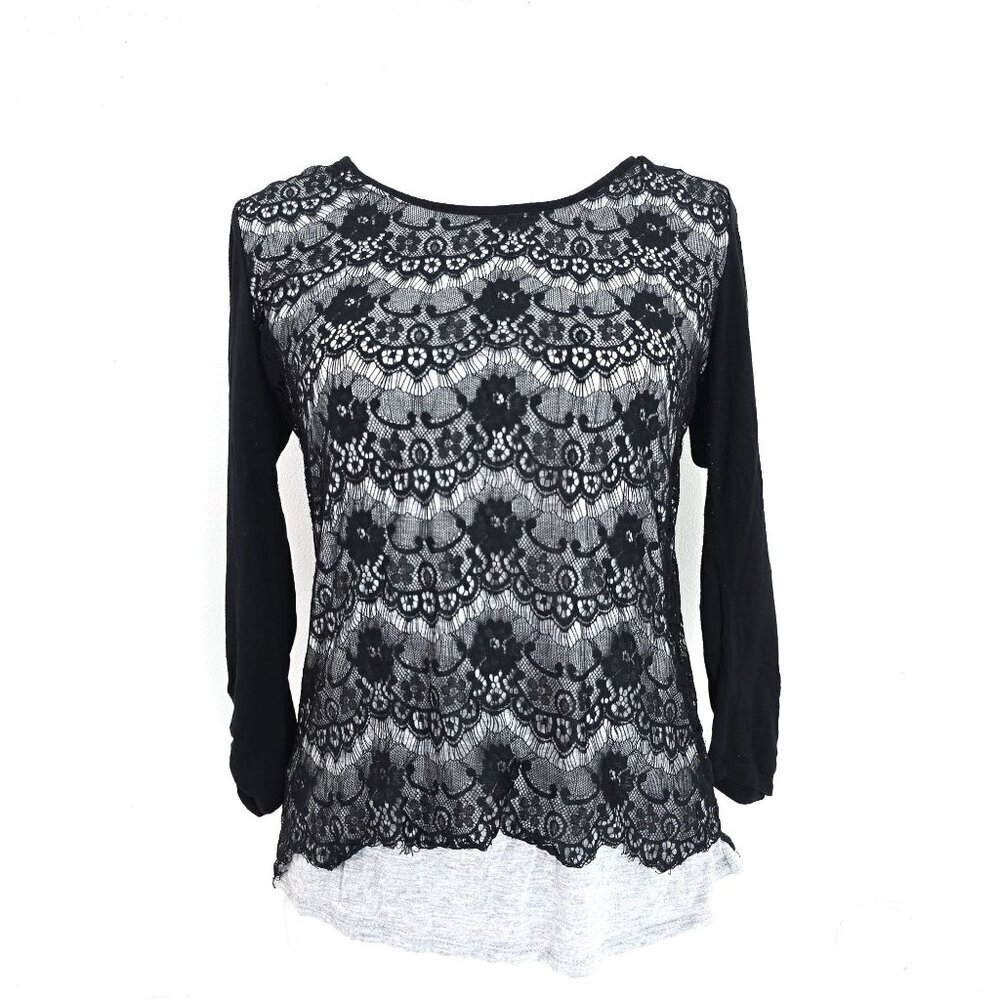Maurices Gray Black Lace 3/4 Sleeve Whimsigoth Top Women Size Small